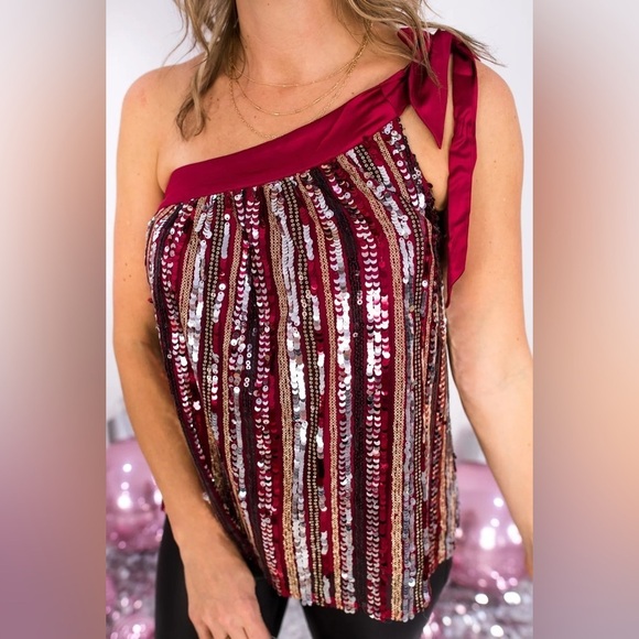NWT SAVANNA JANE ONE SHOULDER TRULY SPECIAL RUBY SEQUIN TOP WITH RIBBON TIE TOP - Picture 1 of 12